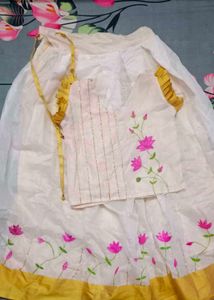 White &amp; Gold Embellished Floral Top And Skirt