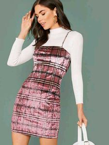 Imported Pink Plaid Velvet Mini Dress