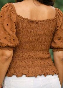 Brown Smocked Puff Sleeve Top