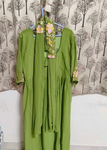 Green Embroidered long frock with Dupatta