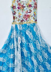 Butterfly Printed Blue Party Gown