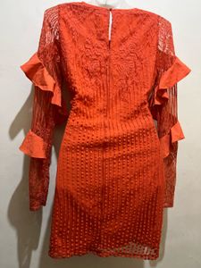 Koovs Branded Orange Ruffle Long Sleeve Dress
