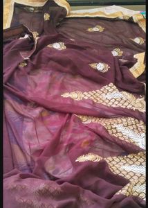Embroidered marron Saree attach bouse Pisce