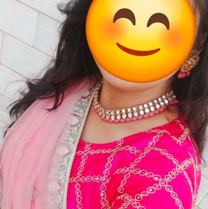 Pink Necklace Set With Earrings &amp; Mangtika