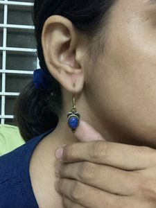 Simple Silver Oxidised Earrings With Blue Stone