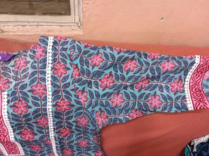 Block Print Pink Kurti Set with Bottom And Dupatta