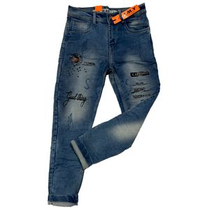 Blue Washed Printed Slim-Fit Jeans for Men Size 30