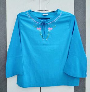 Embroidered Teal Top with Tie Neck