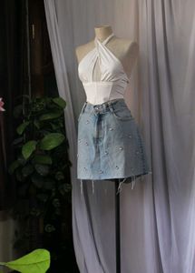 Zara Rhinestone Denim Mini Skirt
