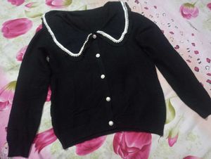 Elegant Black Cardigan with Pearl Collar