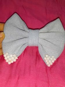 Denim Hair Bow with Pearl Accents