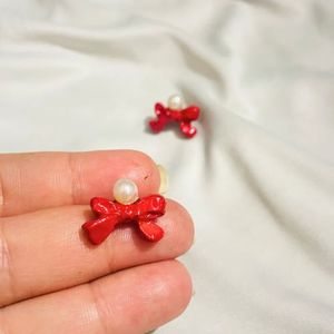 Red Bow Pearl Stud Earrings