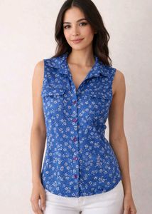 Floral Sleeveless Blue Top
