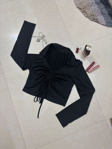 Black Ruched Front Long Sleeve Top