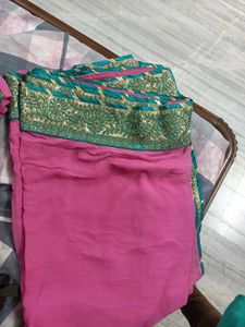 Pink &amp; Green Gotta Patti Saree