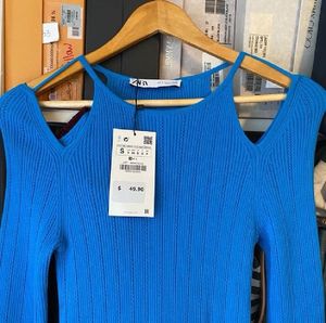 Zara Pointelle Blue Stretch Cold Shoulder Bodycon