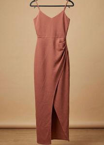 Elegant Dusty Pink Overlap Front Slit Maxi Dress