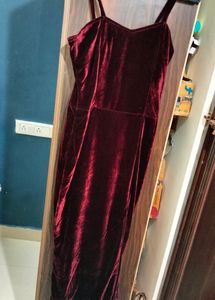 Maroon Velvet Slit Dress