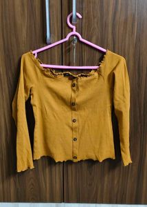 Off Shoulder, Mustard Ribbed Top