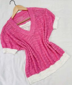 Korean Pink V-Neck Knit Top B