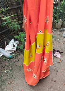 A Beautiful Orange Saree With No Blouse