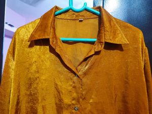 Orange Satin Button-Down Shirt