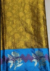 Unused Golden Colour Saree With Blue Border