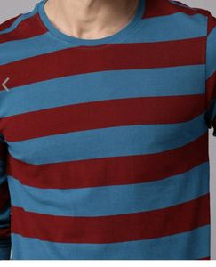 Roadster Maroon & Blue Stripped Cotton Tshirt