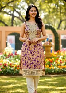 Light Voilet Embroidered Sleeveless Kurti