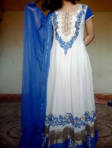 Elegant Beige And Blue Anarkali Suit