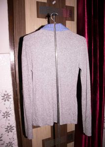 Grey V-Neck Knit Top with Blue Shirt