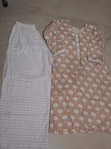 Beige & White Printed Kurta Set