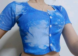 Blue Tie Dye Crop Buttoned Top