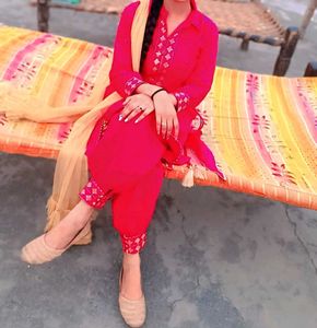 Red Embroidered Kurta Set