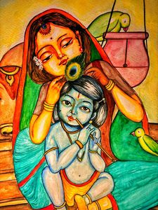 Krishna And Yashoda - Watercolor Painting