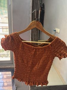 Brown Shirred Crop Top