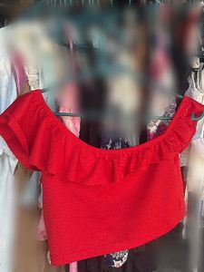 Red Ruffled Off-Shoulder Crop Top