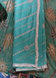 Elegant cyan Saree with Silver Work