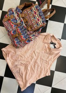 Aztec Backpack & Pink Polo Top