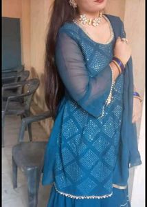 Teal Blue Sequin Embroidered Shot Fruk Sharara