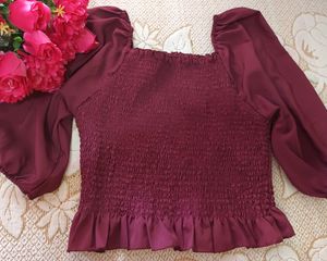 Casual 3/4 Sleeve Wine Colour Top