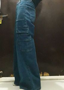 Wide Leg Denim Cargo Pants