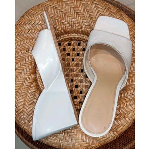 H&M White Wedge Heel Mules