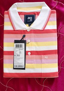 Original Peter England Men Tshirt Pink Yellow White Stripes Design