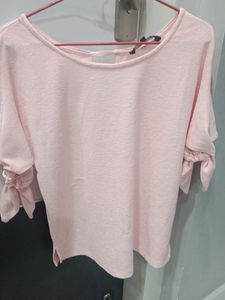 Pink Colour Knotted Sleeved Regular Top