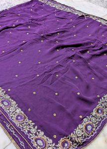Purple Embroidered dimond work saree
