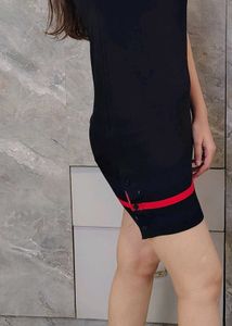 Sporty Black Mini Dress with Red Stripes