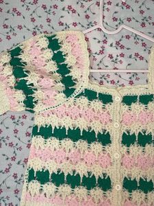 Cute Square Neck Colour Block Crochet Cardigan 🩷