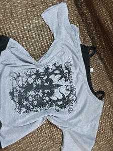 Grey Graphic Cold Shoulder Top