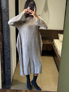 free size Ribbed Knit tie up Midi Dress